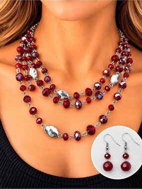 Paparazzi Deep Red & Burgundy Three-Layer Beaded Necklace + Earrings